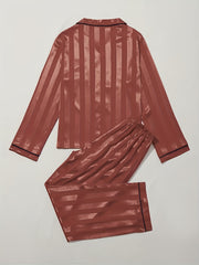 Striped Satin Pajama Set Long Sleeve Buttons Top & Elastic Waistband Pants