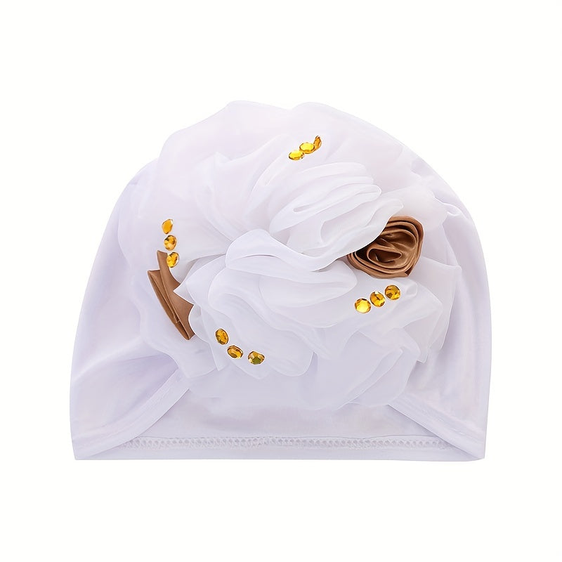 Mesh Pleated Flower Turban Cap Head Wrap Rhinestone Decor