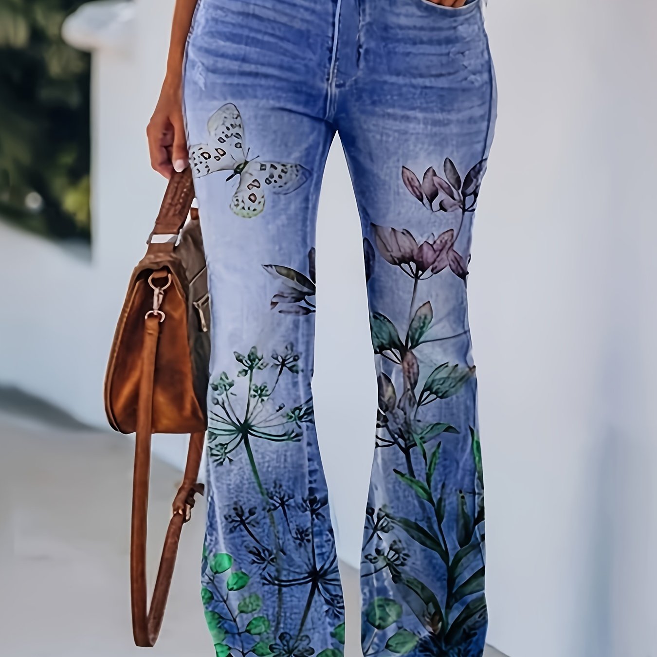 Women's Floral & Denim Print Flared Leg Trousers