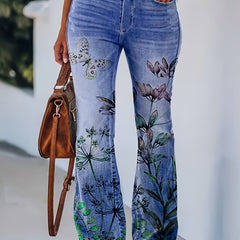  Women's Floral & Denim Print Flared Leg Trousers