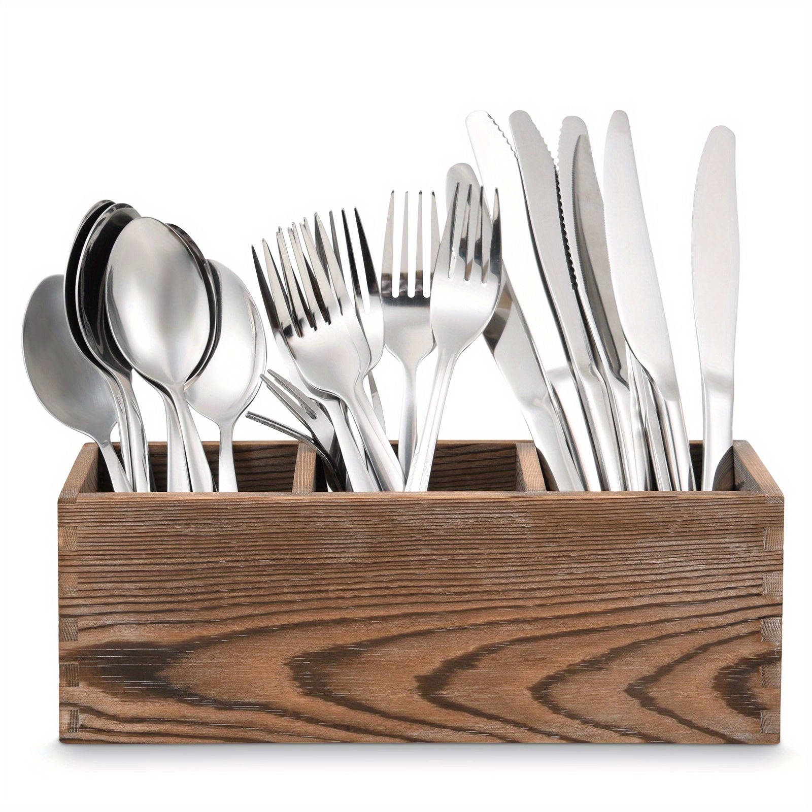 Wooden Cutlery Box with 3 Grids for Utensil Organization
