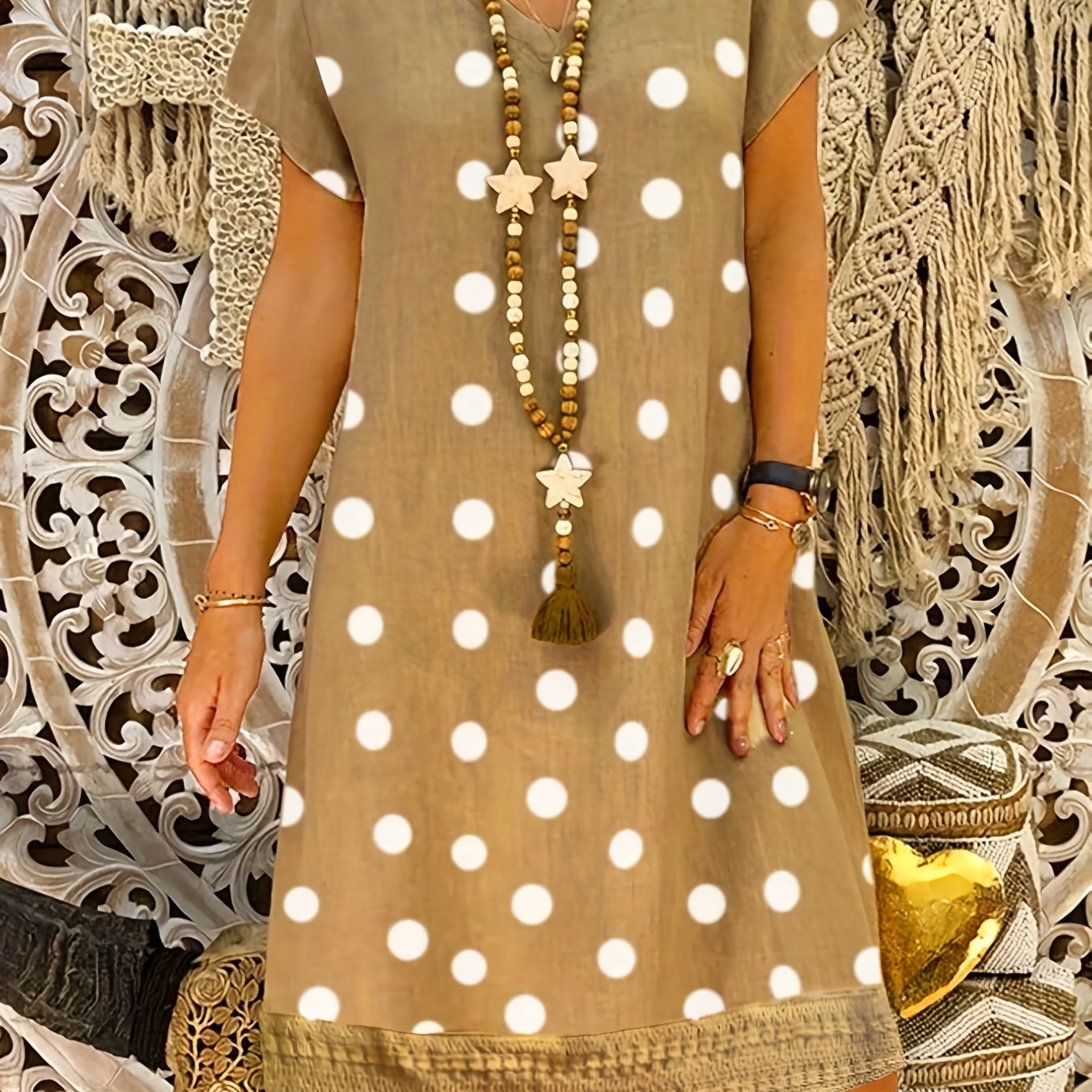  Boho Dress Women's Polka Dots V Neck Short Sleeve Dress
