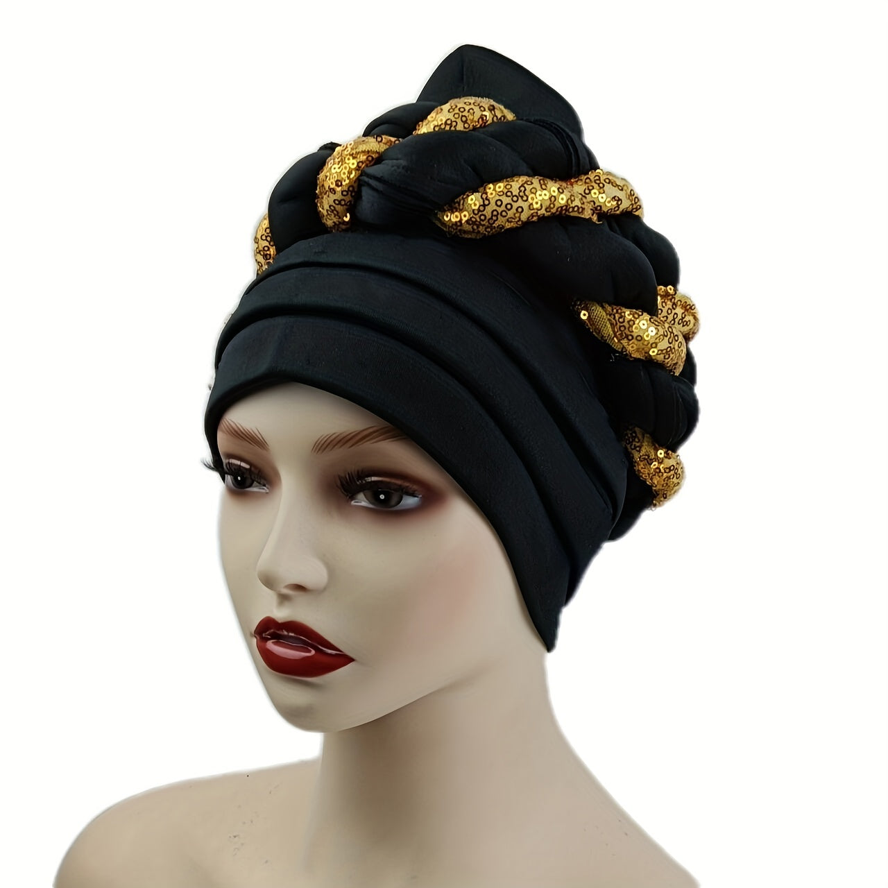 Sequin Braid Turban Cap Pleated Head Wrap Elastic Bonnet Chemo Hats