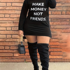  Slogan Print Hooded Long Sleeve Sweatshirt Dress