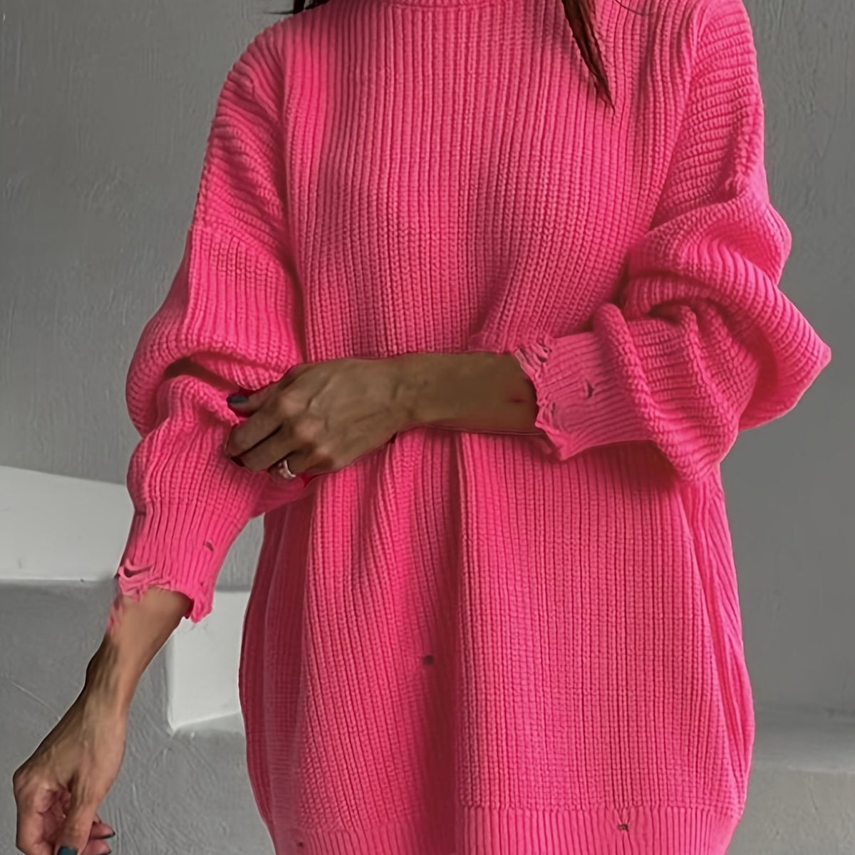 Ripped Pullover Knitted Top Casual Drop Shoulder Sweater