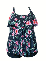  Boho Tankini Set Tropical Print Ruffle Trim Cami Top & Shorts