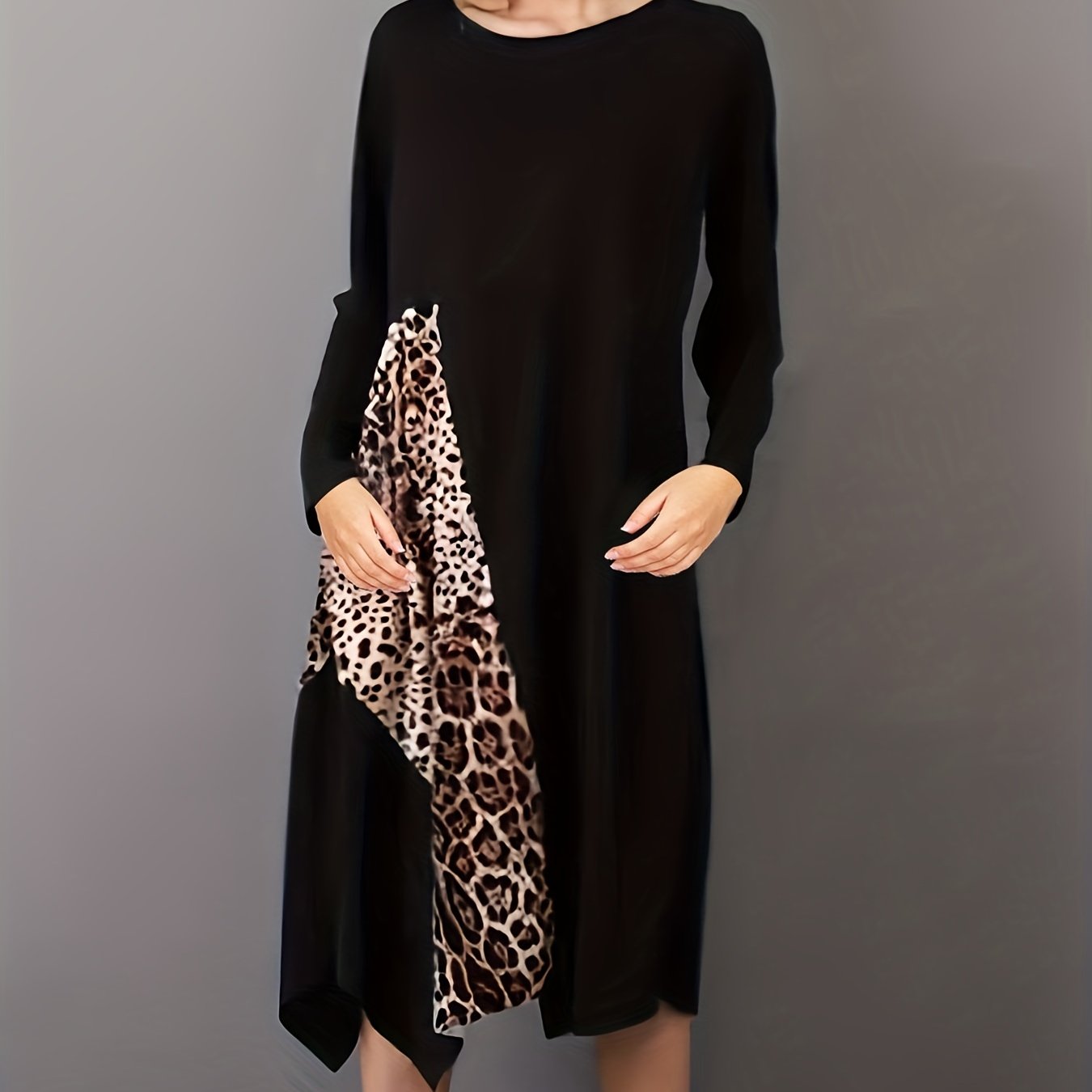 Leopard Print Lounge Dress Long Sleeve Crew Neck Women's Loungewear