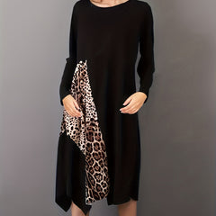 Leopard Print Lounge Dress Long Sleeve Crew Neck Women's Loungewear