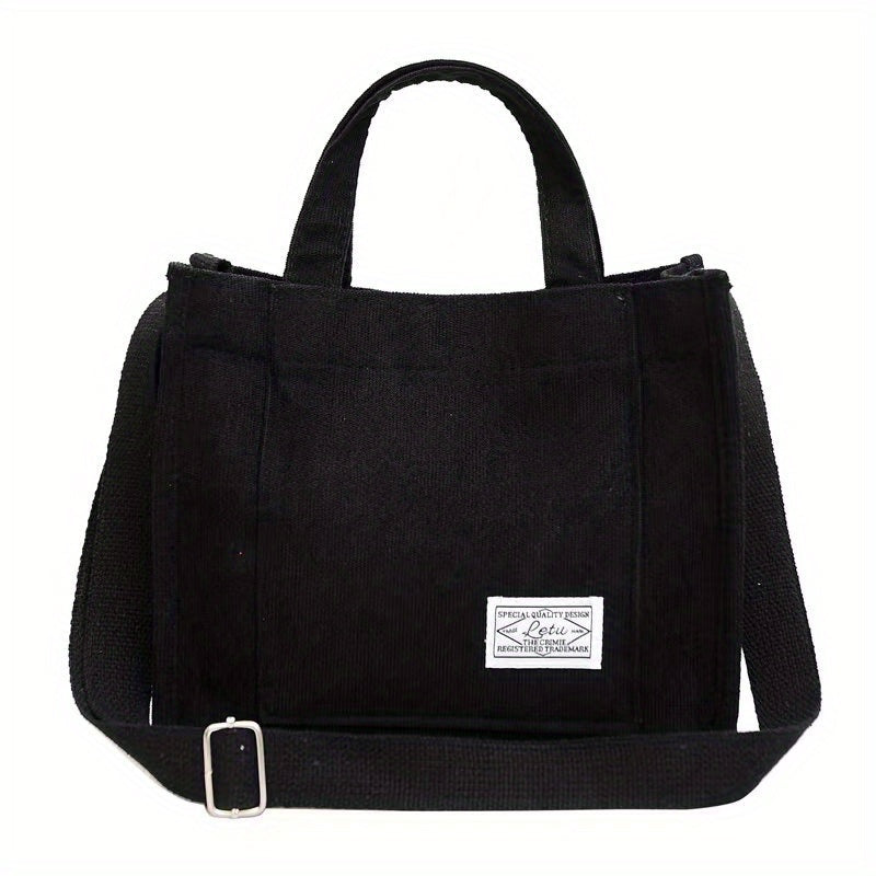 Letter Patch Corduroy Tote Bag Casual Shoulder Bag Retro Style Crossbody Bag