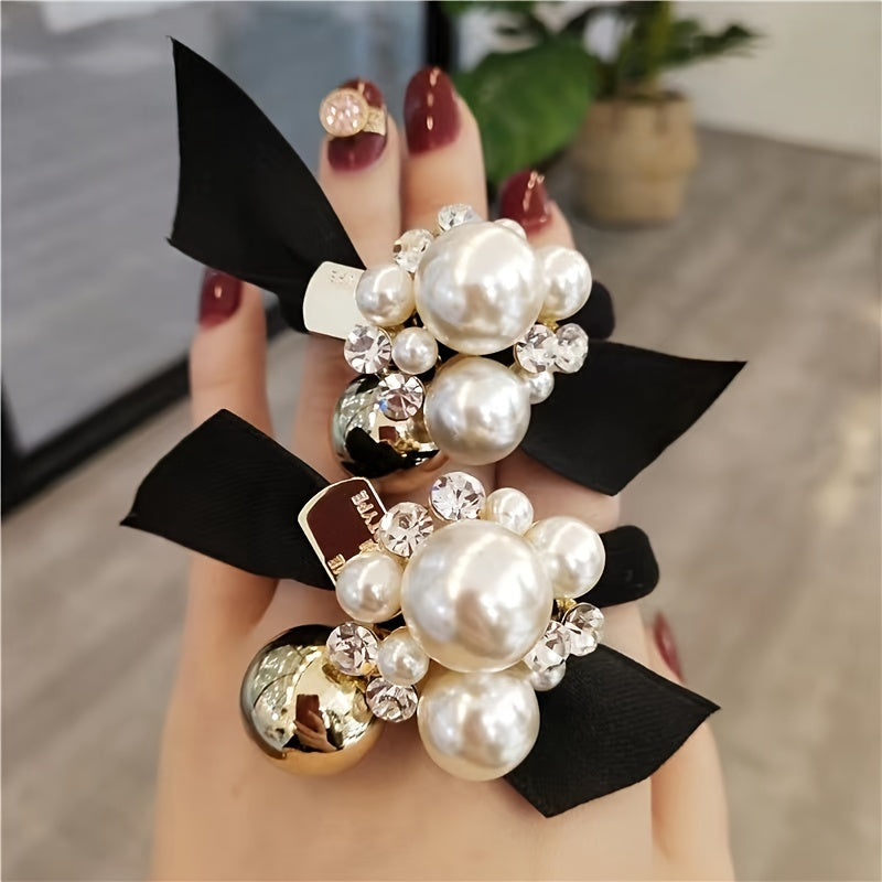 Faux Pearl & Bow Hair Tie Elastic Ponytail Holder