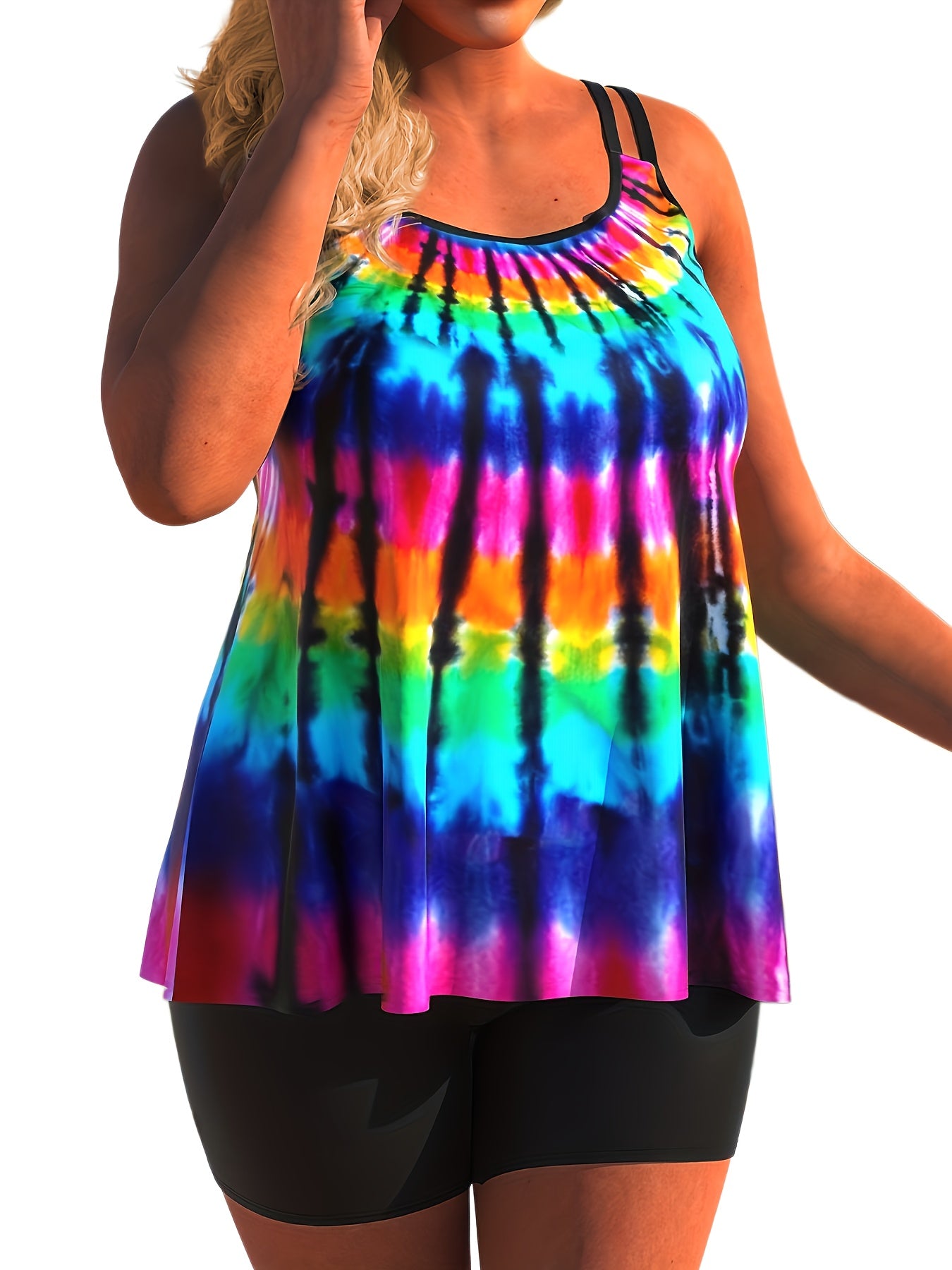  Rainbow Tie Dye Tankini Set Women's Cami Top & Shorts Swimsuit