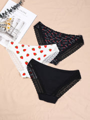 3 Pack Plus Size Random Print Contrast Lace Briefs Women's Plus High Stretch
