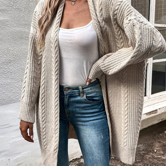  Solid Cable Long Sleeve Open Front Knit Cardigan