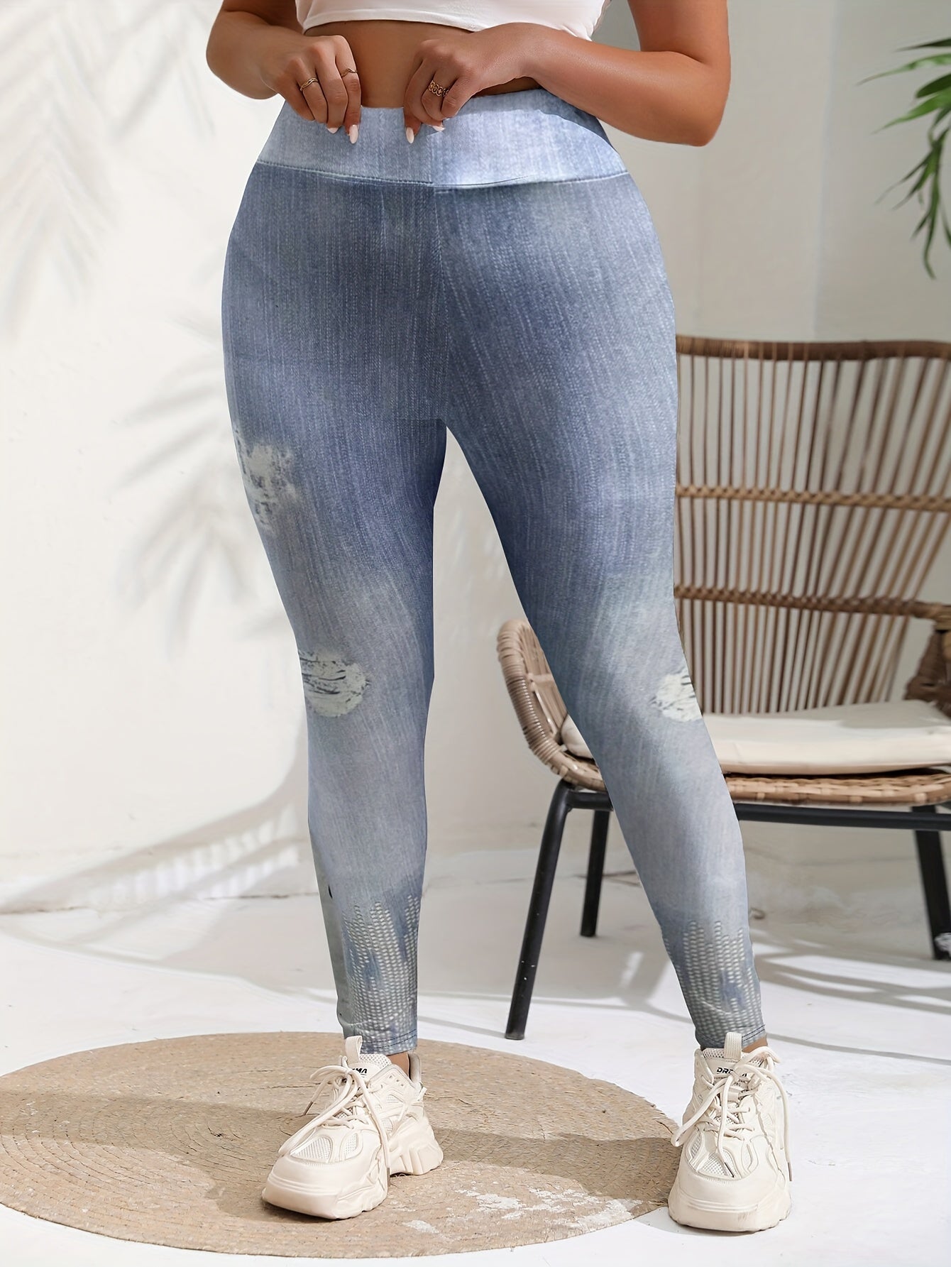  Ripped Denim Print High Rise Leggings