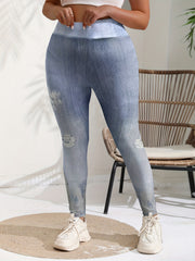  Ripped Denim Print High Rise Leggings