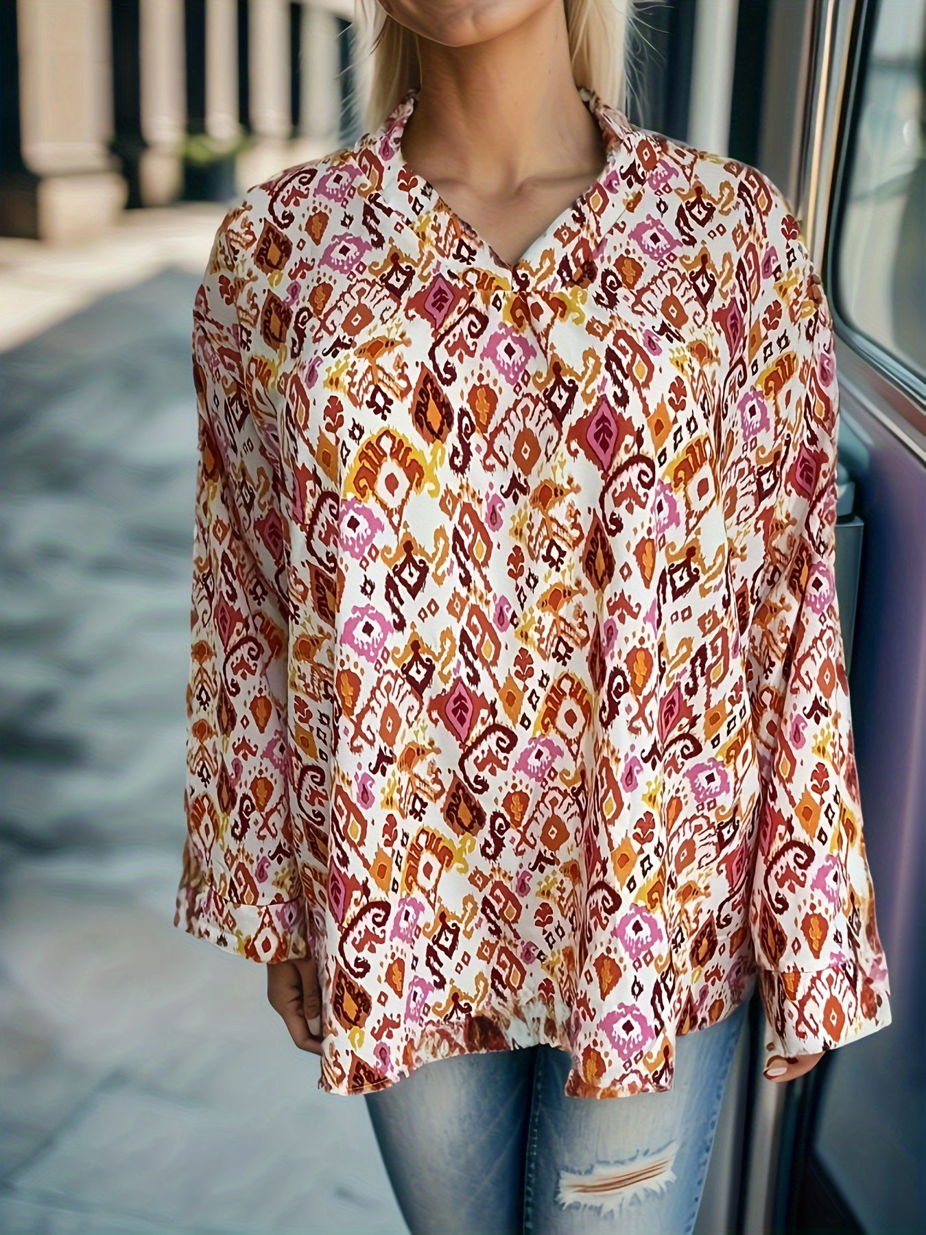  Casual Blouse Women's Plus Allover Print Long Sleeve V Neck Shirt Top