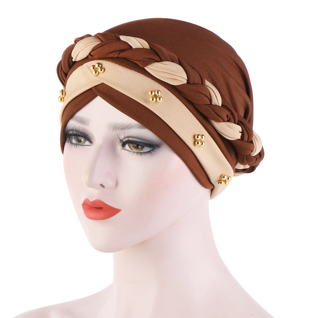 Two Tone Short Braid Turban Cap Beads Decor Hijab Turban