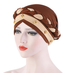 Two Tone Short Braid Turban Cap Beads Decor Hijab Turban