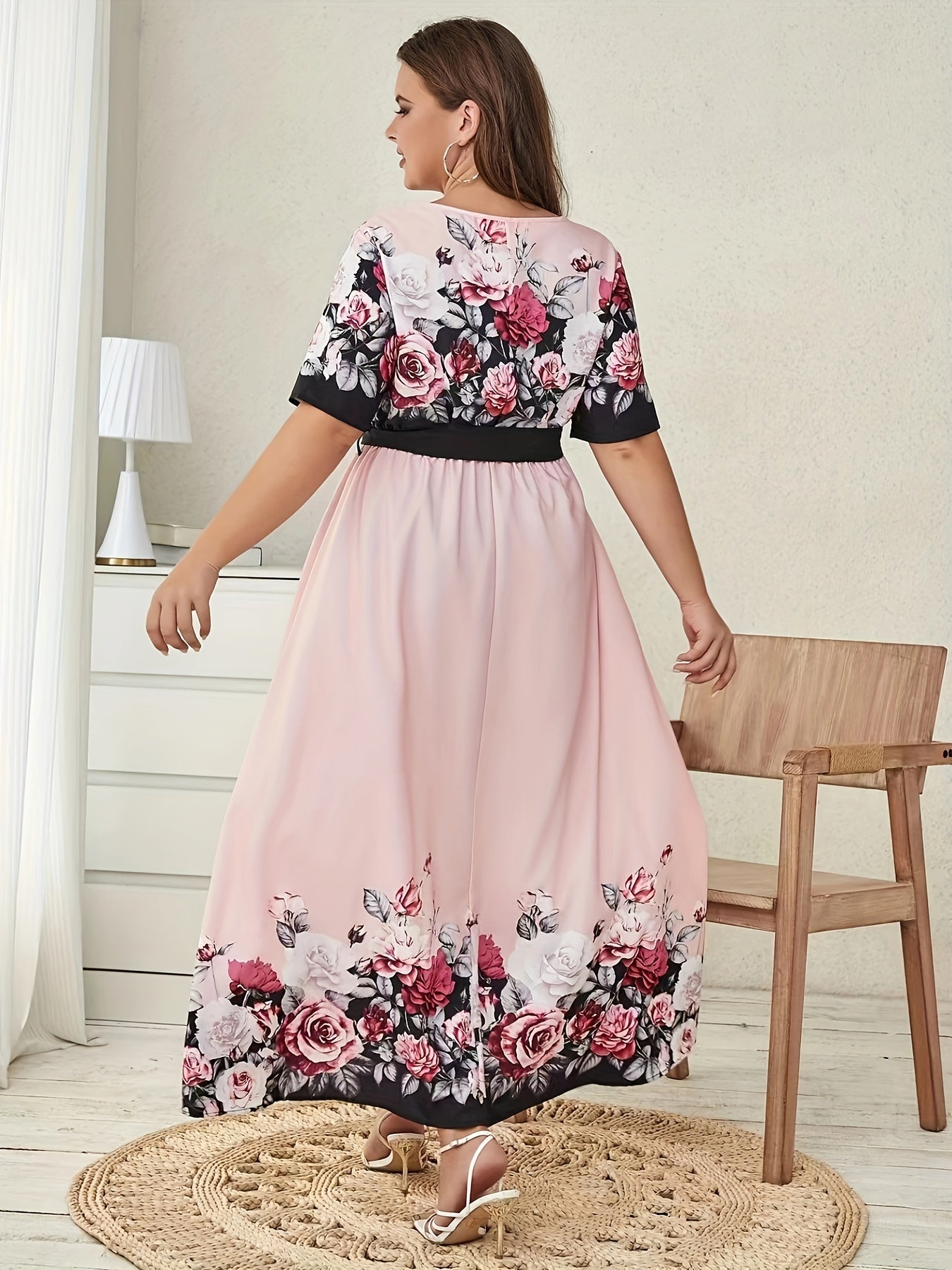  Floral Print Short Sleeve Maxi Dress
