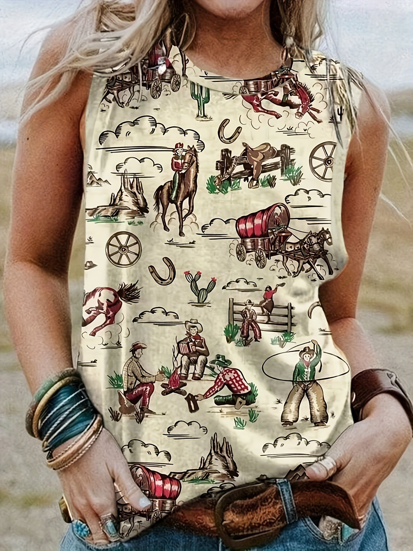 Western Style Cartoon Print Tank Top
