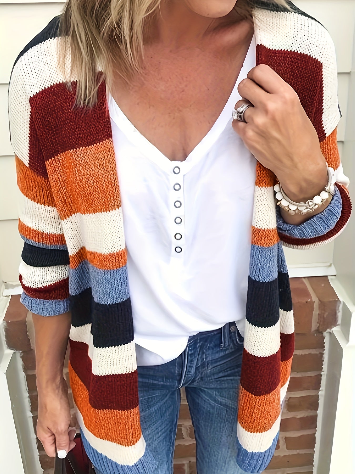  Striped Knitted Long Sleeve Cardigan
