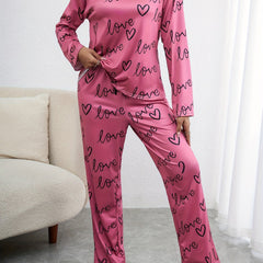 Letter & Heart Print Pajama Set Crew Neck Top & Elastic Waistband