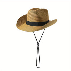 Unisex Western Cowboy Straw Hat Rolled Brim Sunscreen Sun Hat