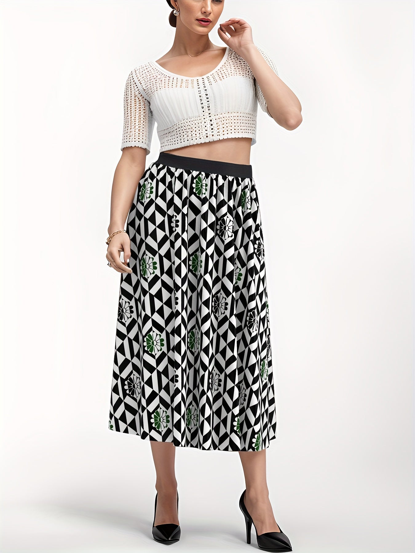  Geometric & Daisy Print High Waisted Skirt