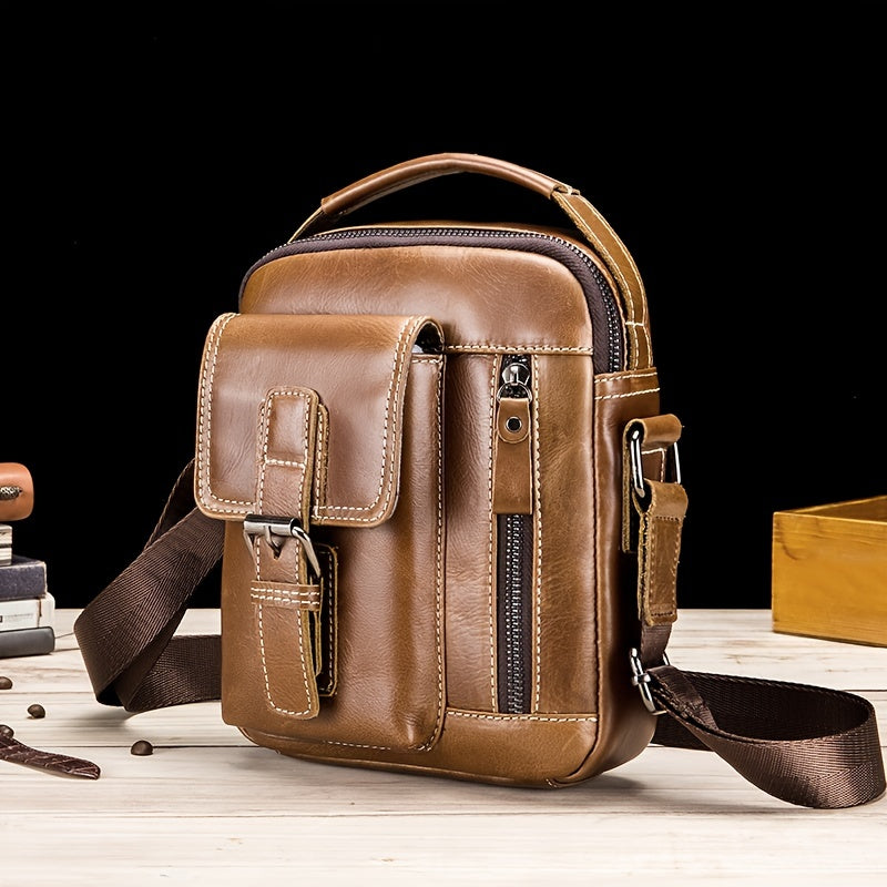 Cowhide Boy Satchel Leather Shoulder Bag Men's Retro Vertical Messenger Bag