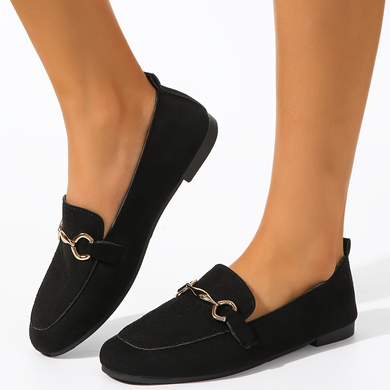 Square Toe Metal Buckle Decor Flat Loafers