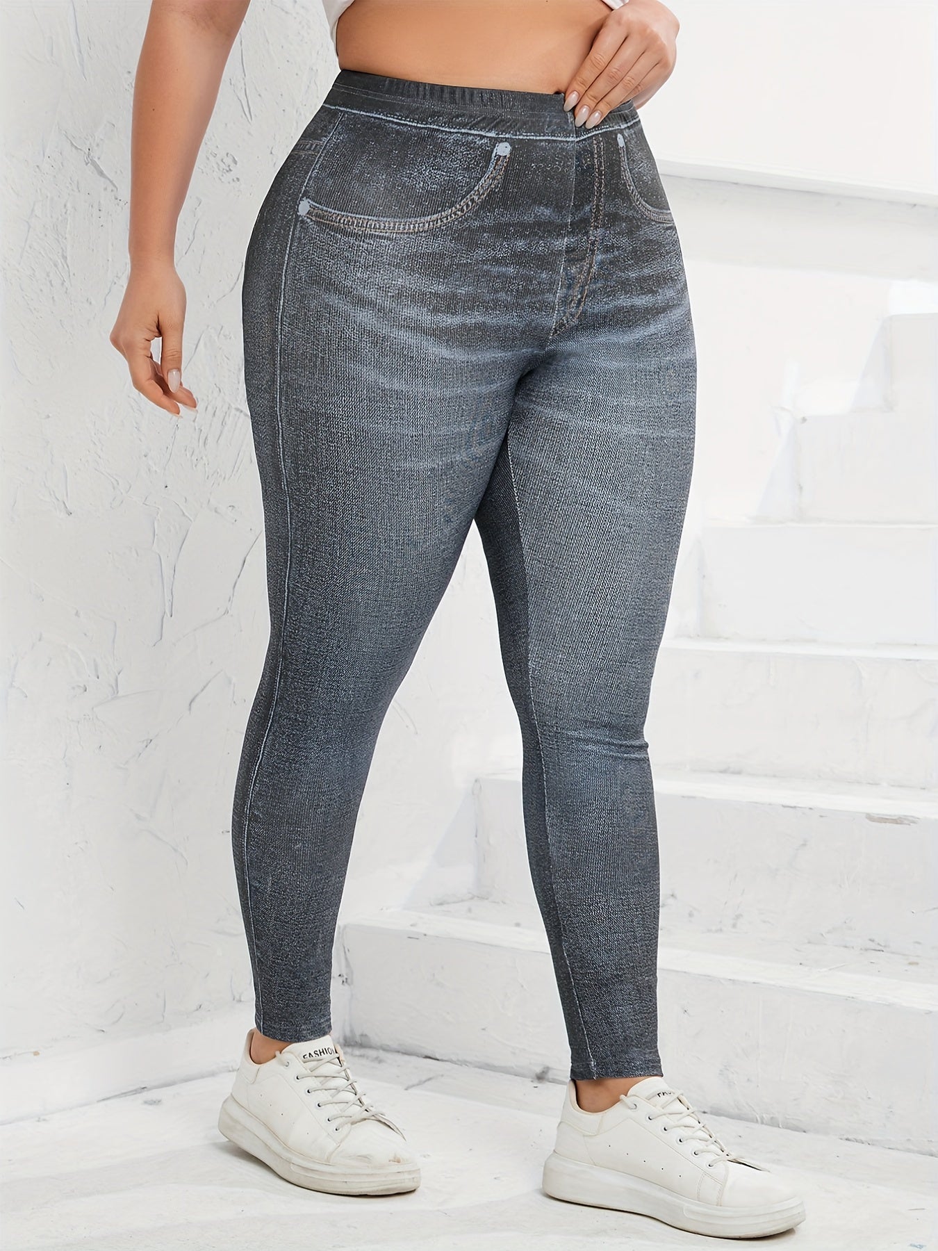  Denim Print High Waist Leggings Women's Plus Basic Leggings