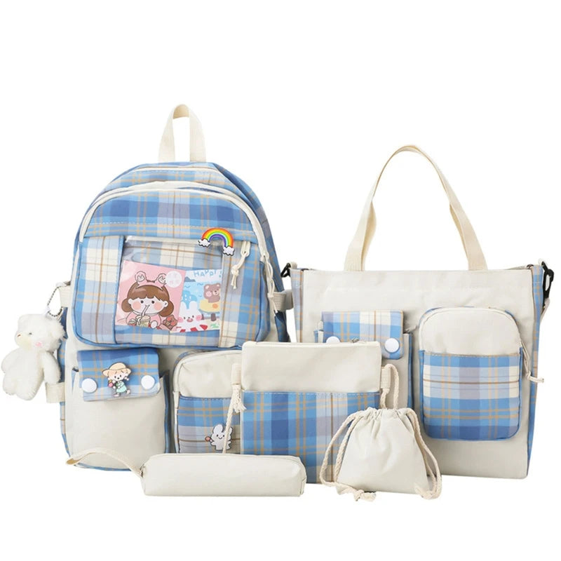 5pcs Plaid Backpack School Student Bookbags Shoulder Drawstring Bag Set