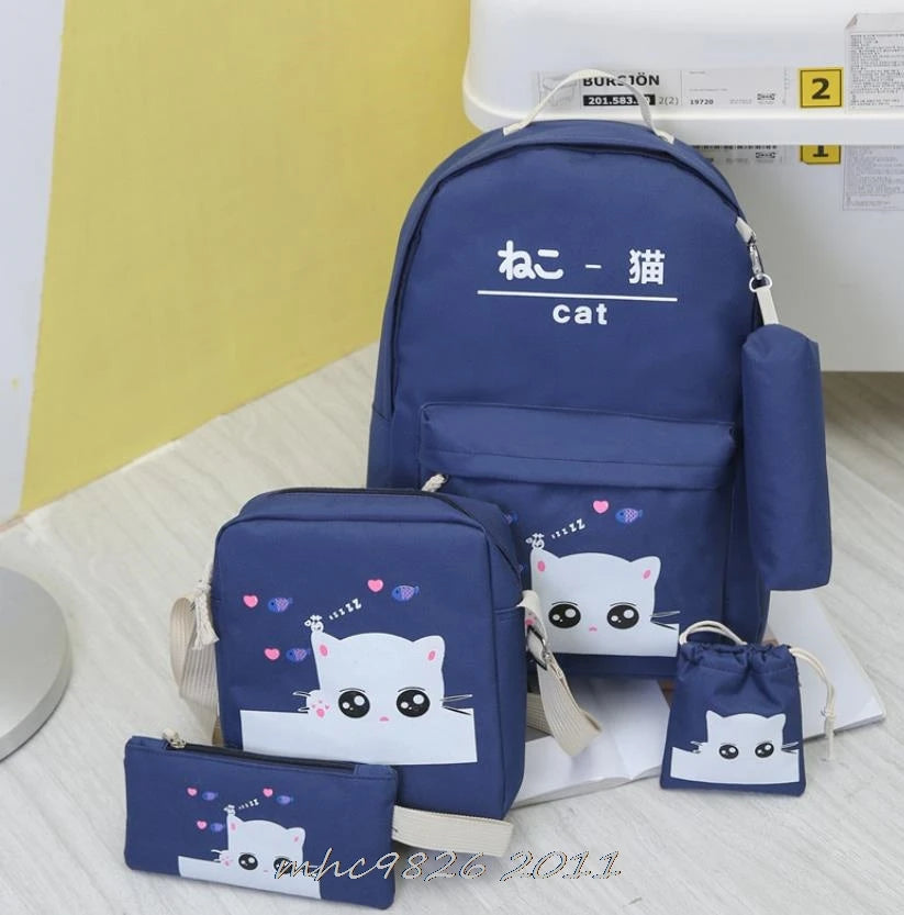 Canvas Women Backpacks Schoolbag Cat Print Rucksack For Teenager Girls