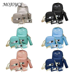 5pcs Cat Print Canvas Bags College Student Travel Backpack