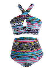  Ethnic Print Halter Neck High Waist Bikini Set