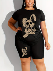  Goth Cartoon Rabbit Print Crop Top & Shorts Set
