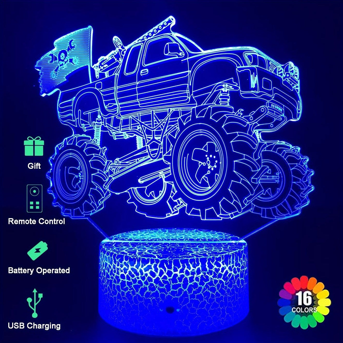 Monster Truck Night Lights 3D Lamp with USB Cable & Remote Control