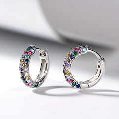 Men's Silver Plate Round Earrings Set with Colorful Zircon, Small Hoop