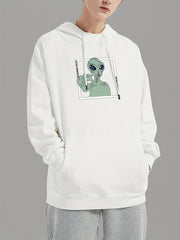 Men's Alien Print Hooded Sweatshirt Long Sleeve Drawstrings