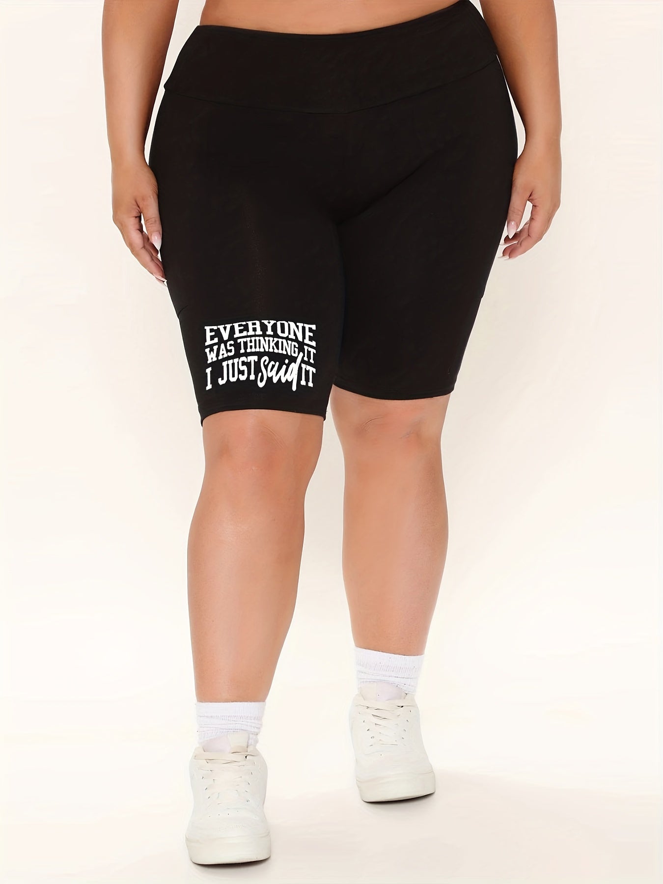  Casual Shorts Women's Plus Letter Print High Rise Biker Shorts