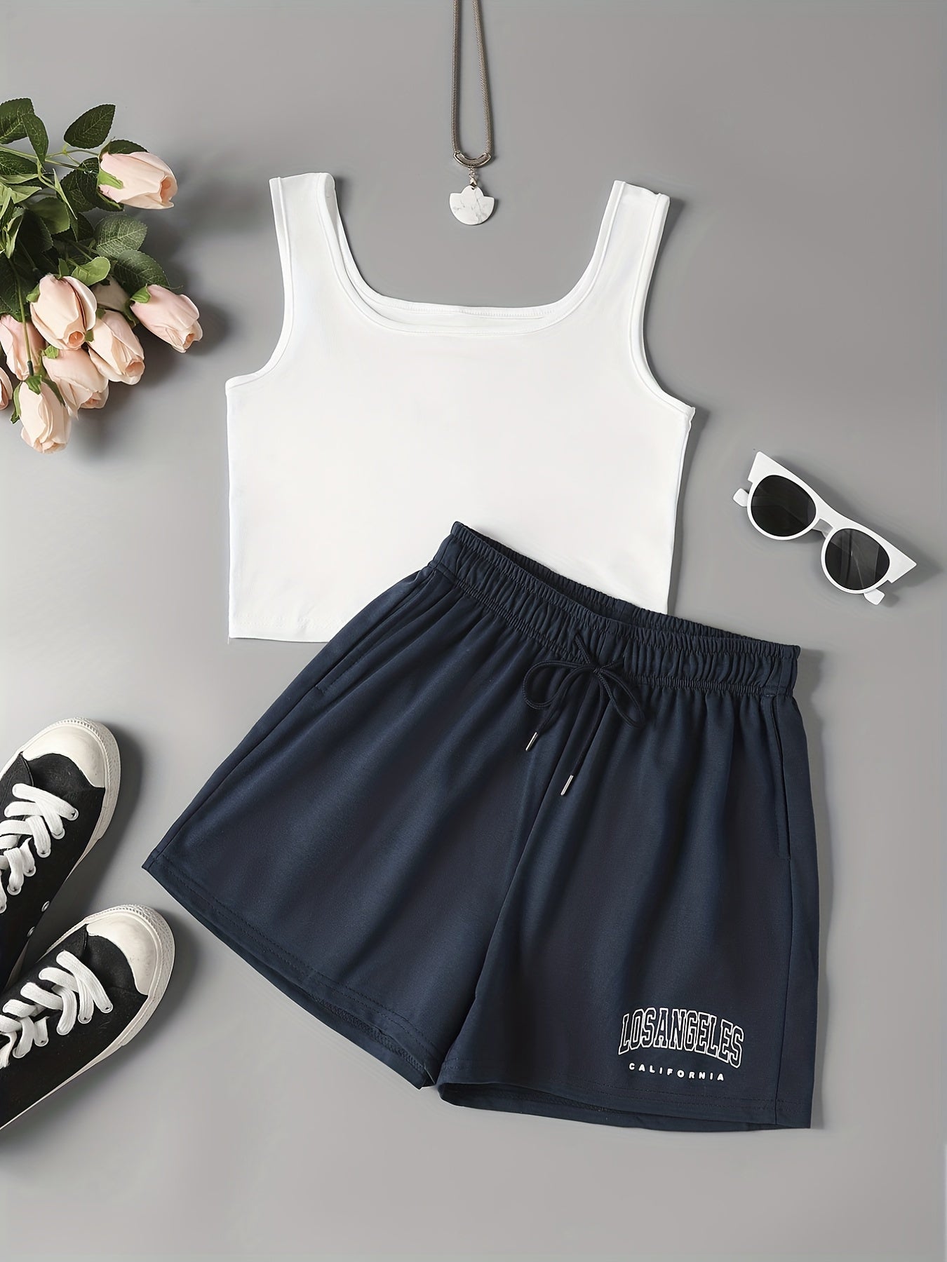 Sporty Two Piece Set Crop Tank Top & Shorts Outfit Women's Clothing