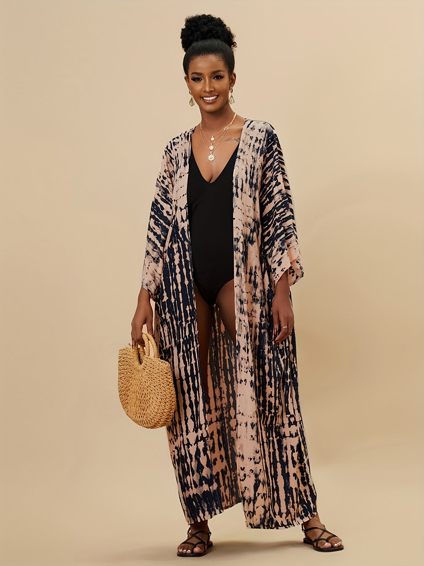 Tie Dye Cover Up Shirt V Neck Loose Fit Long Sleeves Beachwear Kimono