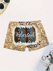  Sexy Shorts Women's Plus Colorblock Leopard & Art Letter & Sequin Prin
