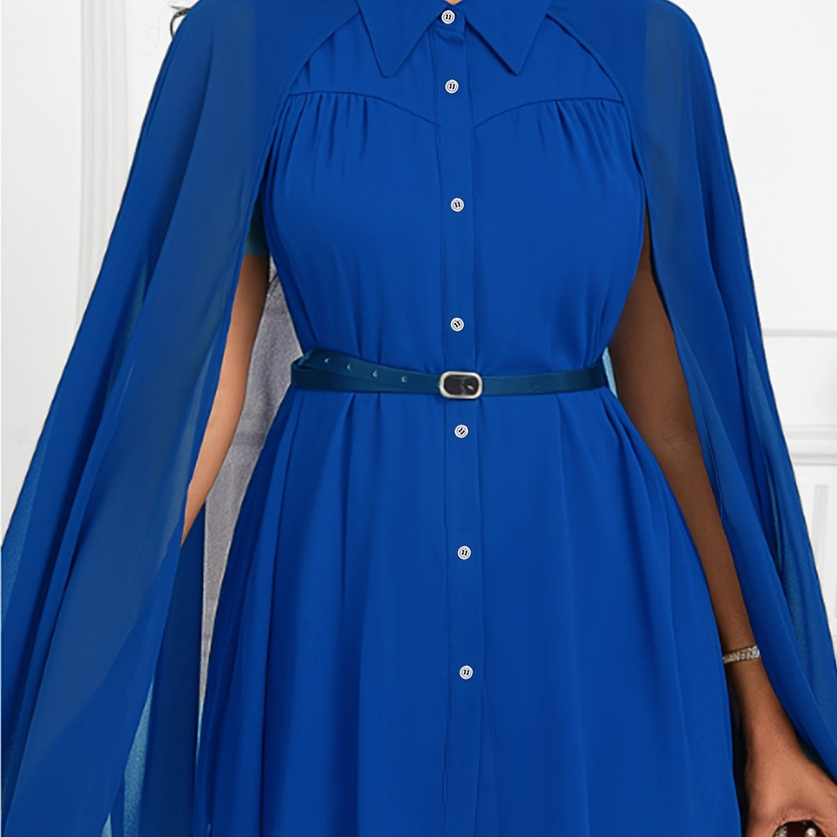  Blouse Solid Split Cape Sleeve Button Up Tunic Shirt