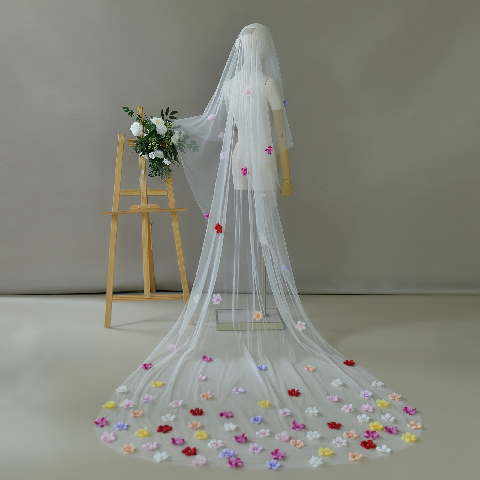 Romantic Floral Bridesmaid Veil for Weddings - Colorful Whimsical Print