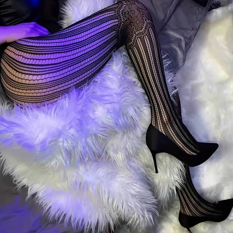 Striped Jacquard Fishnet Tights High Waist Pantyhose Women's Stockings