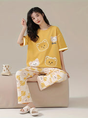 Bear Print Pajama Set Short Sleeve Top & Lounge Pants Women's Sleepwear