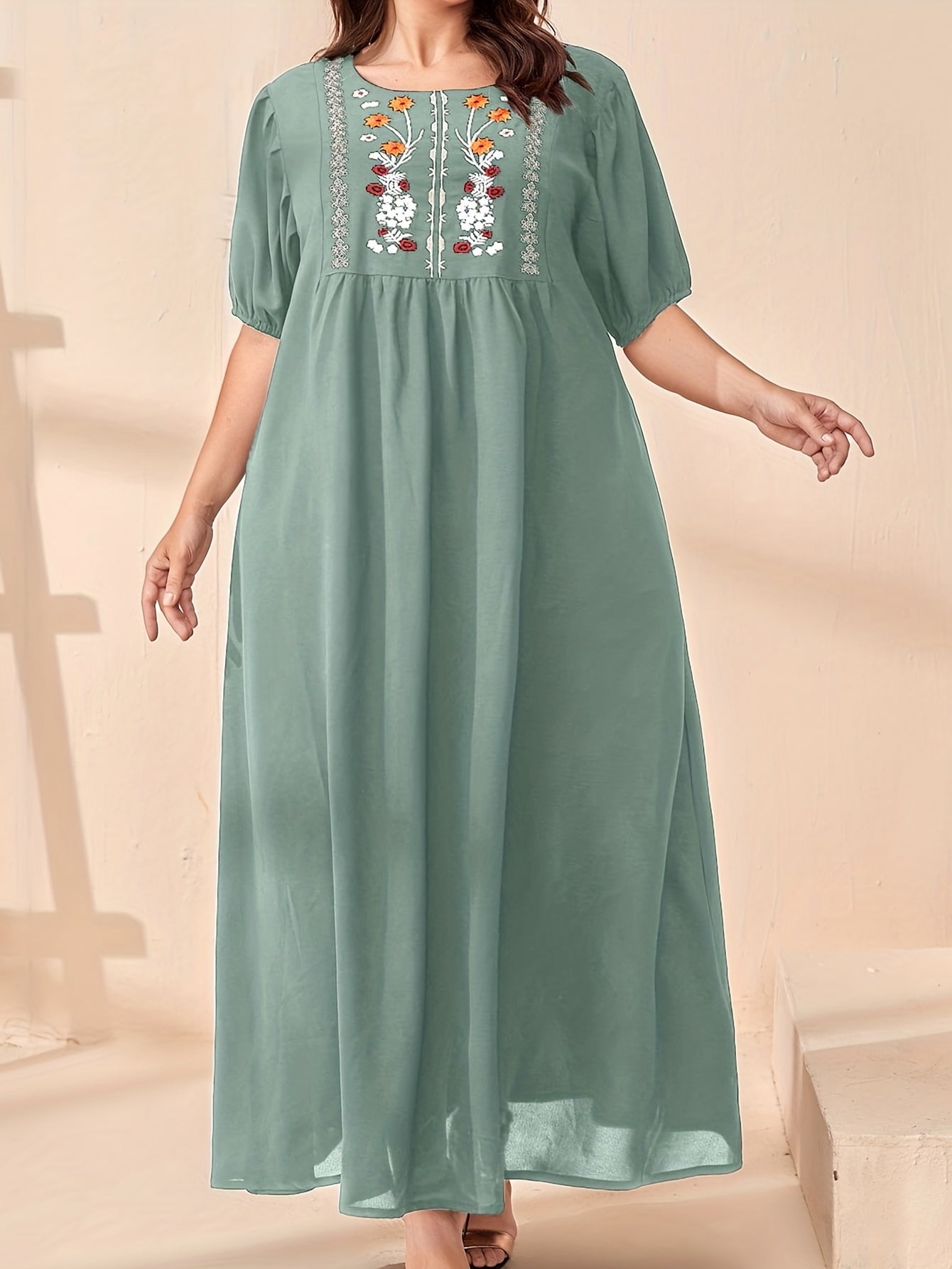  Floral Embroidery Bubble Sleeve Maxi Dress