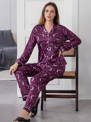 Moon Print Pajama Set Long Sleeve Top & Pants Women's Sleepwear