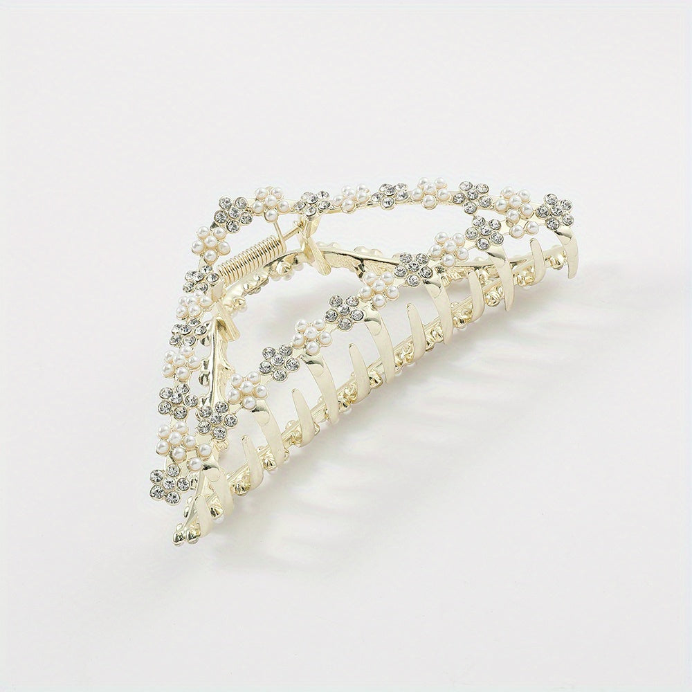 Triangle Shape Hair Claw Faux Pearl Rhinestone Ponytail Holder